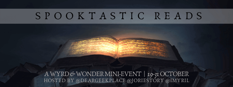 Image: an open book with glowing text, under a banner reading "Spooktastic Reads"