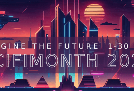 A futuristic cityscape, overlaid with text reading "Imagine the future / 1-30 November / SciFi Month 2023"