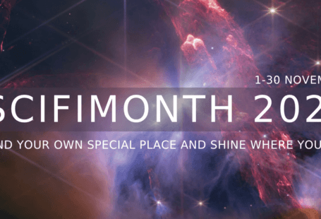 A banner image of the Rho Ophiuchi Cloud Complex, captured by the James Webb Space Telescope. Text reads "1-30 November / SciFi Month 2026 / "Find your own special place and shine where you are"